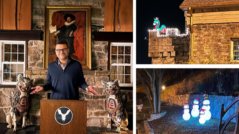 A collage of photos shows author Michael Edison Hayden posing at a dais, the exterior of the castle with an inflatable dragon and light up snowmen.