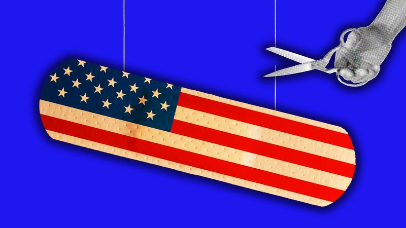 american bandage on strings being cut. photo illustration
